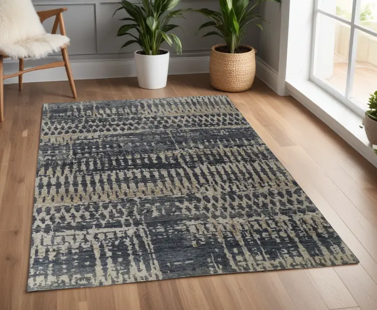 4' X 6' Blue Gray and Tan Wool Abstract Hand Knotted Area Rug