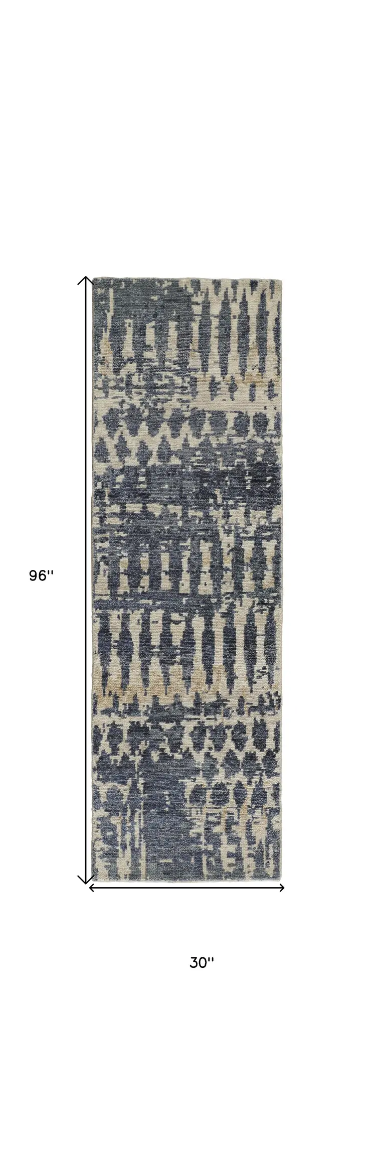 8' Blue Gray and Tan Wool Abstract Hand Knotted Runner Rug