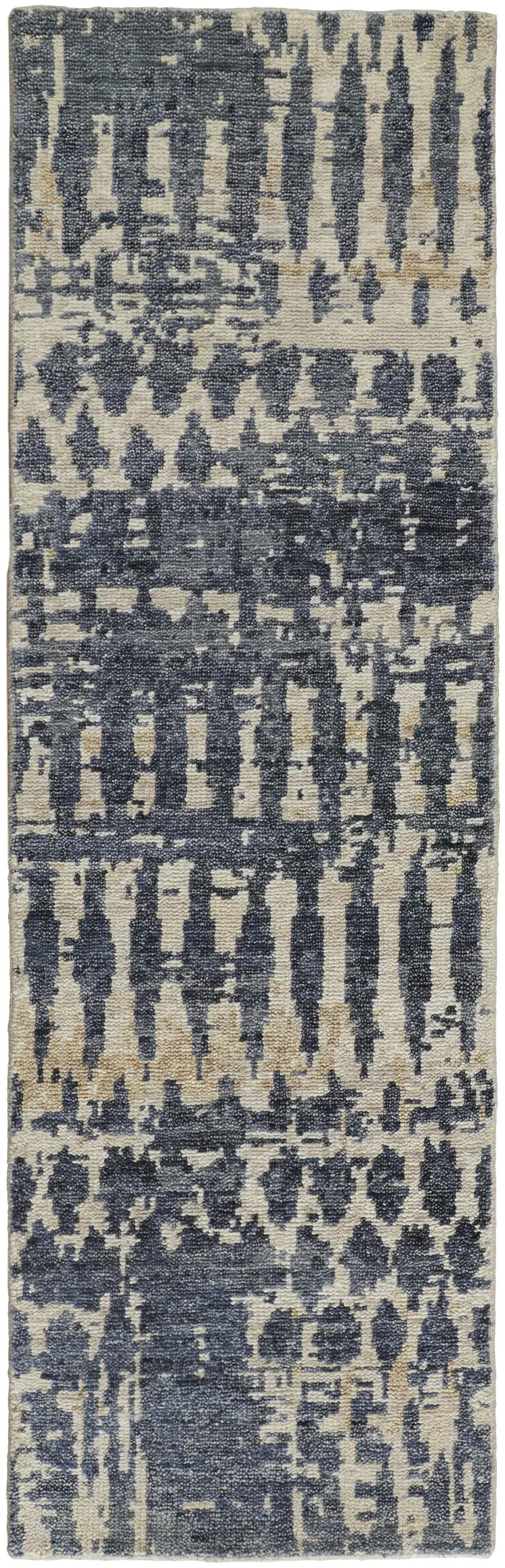 8' Blue Gray and Tan Wool Abstract Hand Knotted Runner Rug