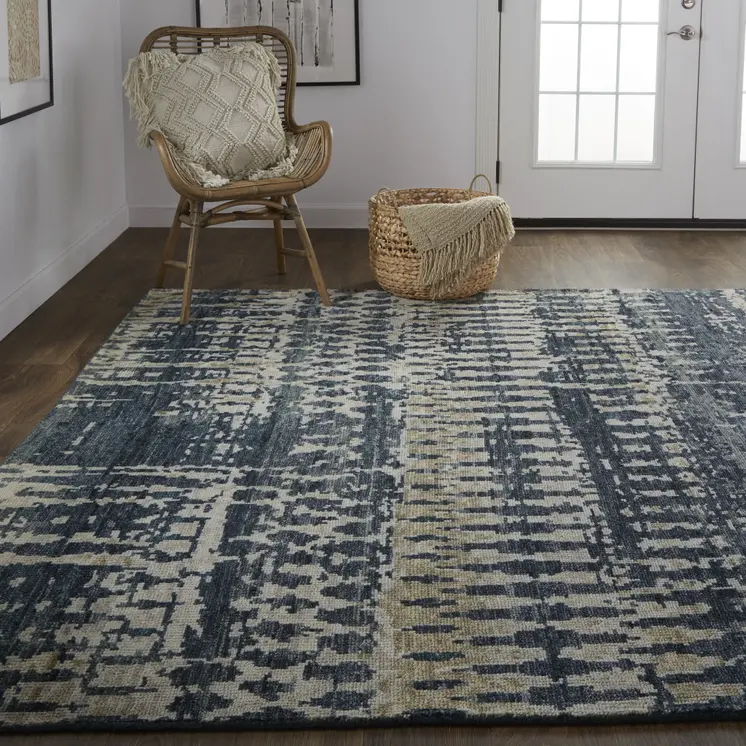 12' X 15' Blue Gray and Tan Wool Abstract Hand Knotted Area Rug