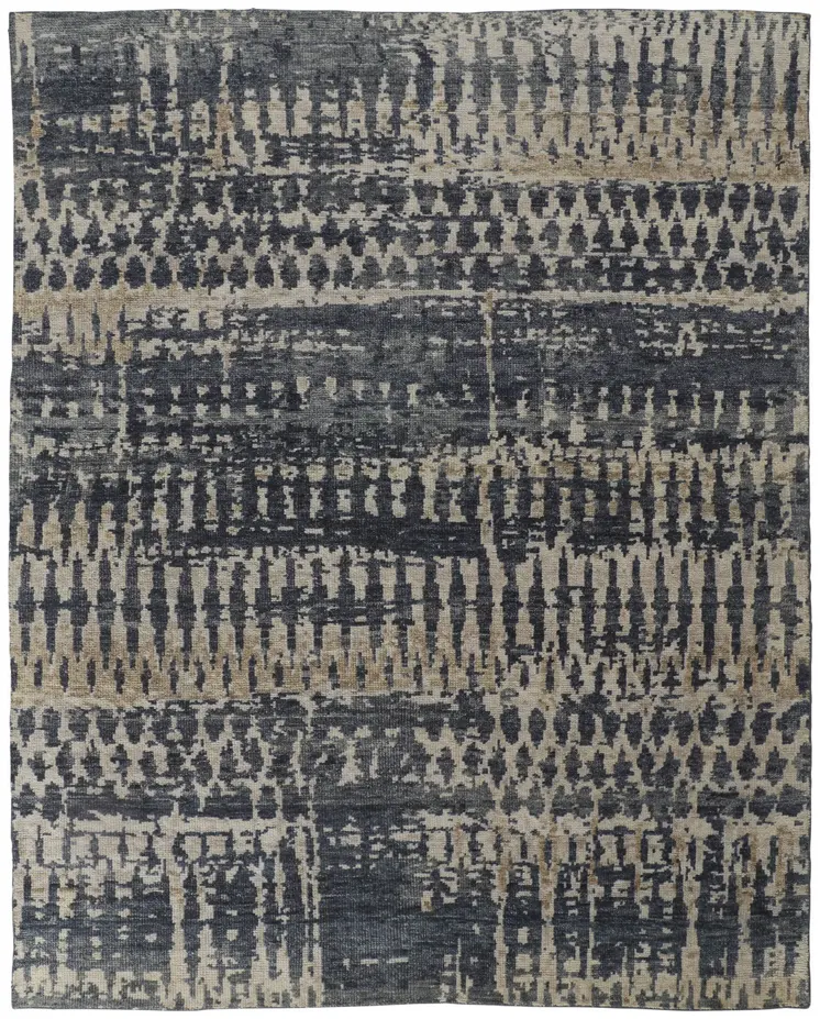 12' X 15' Blue Gray and Tan Wool Abstract Hand Knotted Area Rug