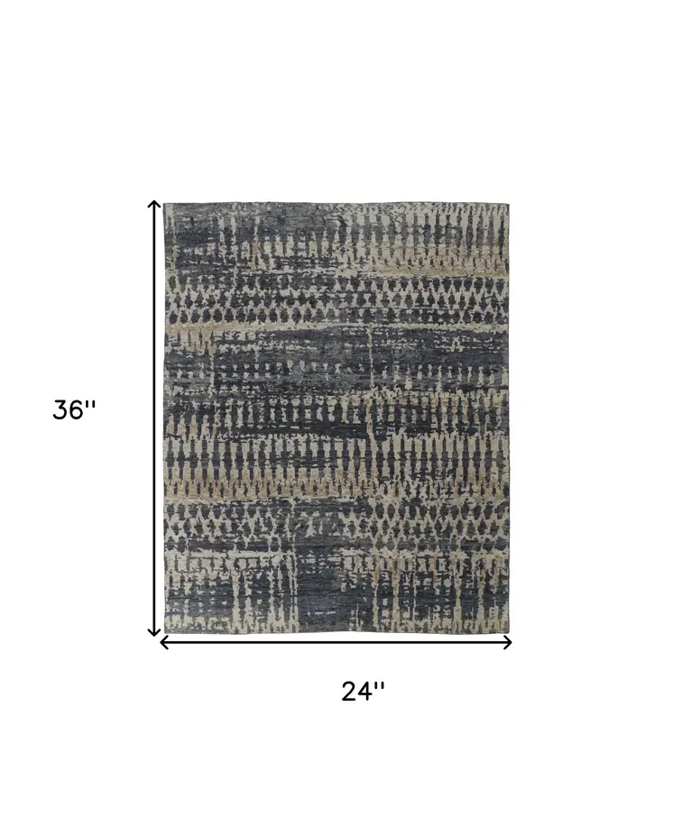2' X 3' Blue Gray and Tan Wool Abstract Hand Knotted Area Rug