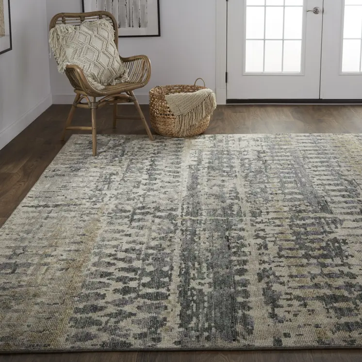 6' X 9' Gray Taupe and Ivory Wool Abstract Hand Knotted Area Rug