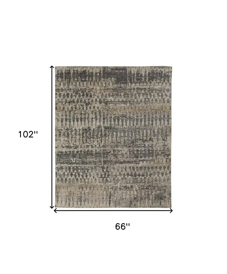 6' X 9' Gray Taupe and Ivory Wool Abstract Hand Knotted Area Rug