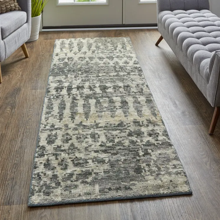 8' Gray Taupe and Ivory Wool Abstract Hand Knotted Runner Rug