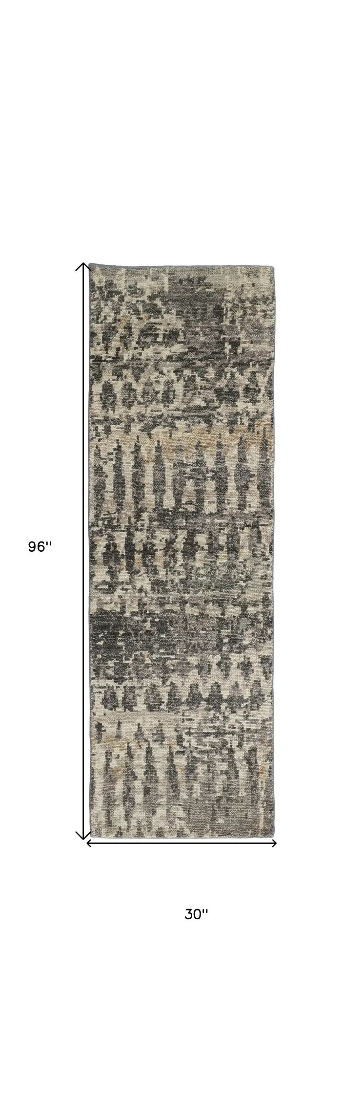 8' Gray Taupe and Ivory Wool Abstract Hand Knotted Runner Rug