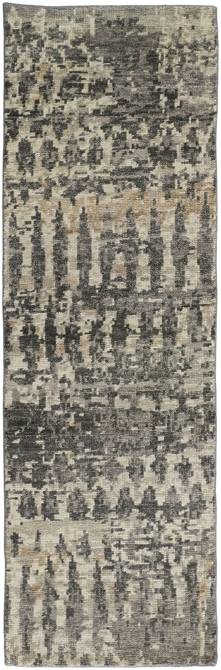 8' Gray Taupe and Ivory Wool Abstract Hand Knotted Runner Rug