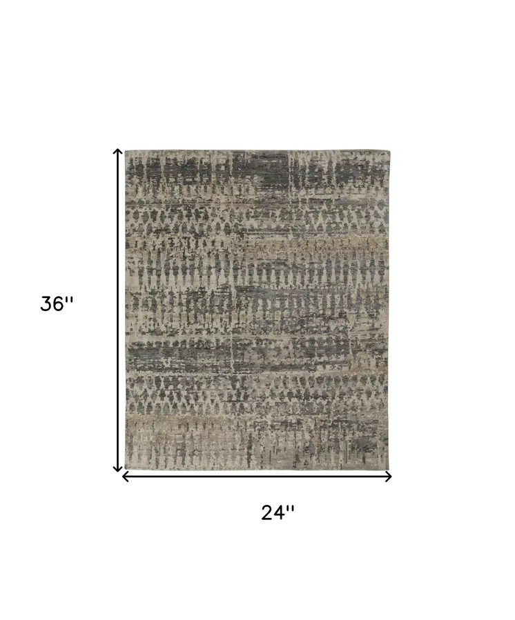 2' X 3' Gray Taupe and Ivory Wool Abstract Hand Knotted Area Rug