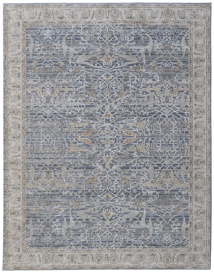 7' X 10' Taupe and Blue Ikat Power Loom Worn Faded Area Rug With Fringe