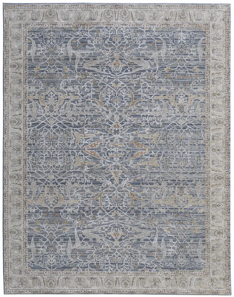 9' X 13' Taupe and Blue Ikat Power Loom Worn Faded Area Rug With Fringe