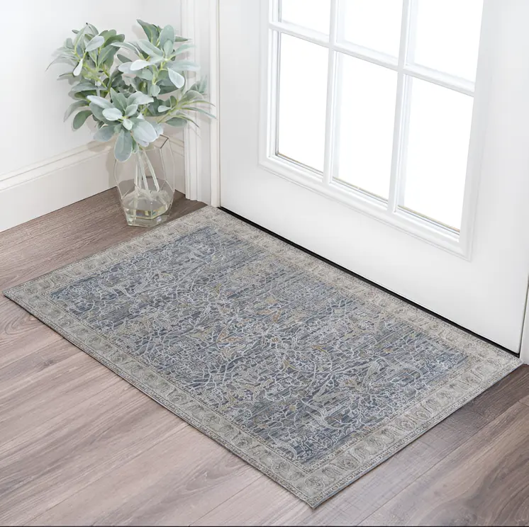 2' X 3' Taupe and Blue Ikat Power Loom Worn Faded Area Rug With Fringe