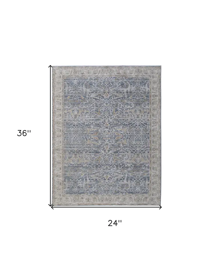 2' X 3' Taupe and Blue Ikat Power Loom Worn Faded Area Rug With Fringe