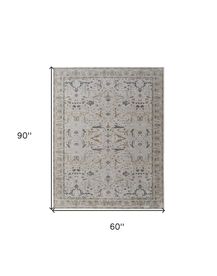 5' X 8' Gray Blue and Red Ikat Power Loom Worn Faded Area Rug With Fringe