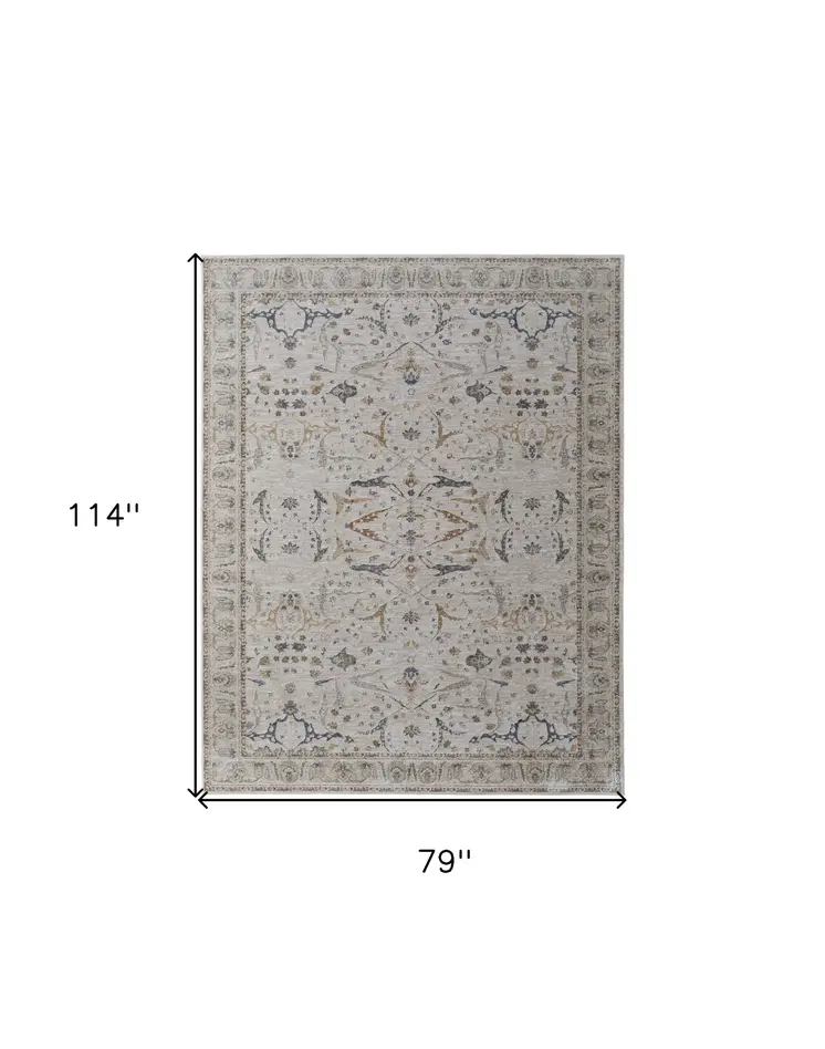7' X 10' Gray Blue and Red Ikat Power Loom Worn Faded Area Rug With Fringe