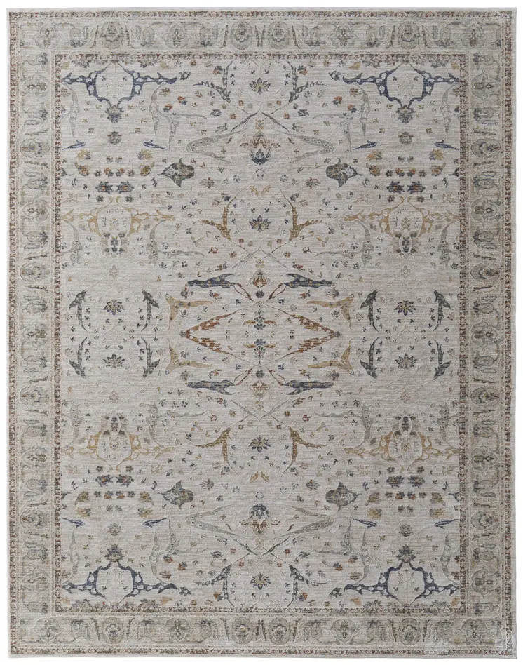 8' X 10' Gray Blue and Red Ikat Power Loom Worn Faded Area Rug With Fringe