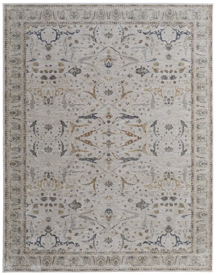 8' X 10' Gray Blue and Red Ikat Power Loom Worn Faded Area Rug With Fringe
