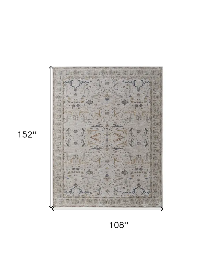 9' X 13' Gray Blue and Red Ikat Power Loom Worn Faded Area Rug With Fringe