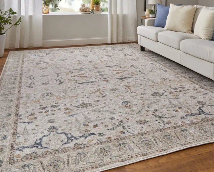 2' X 3' Gray Blue and Red Ikat Power Loom Worn Faded Area Rug With Fringe
