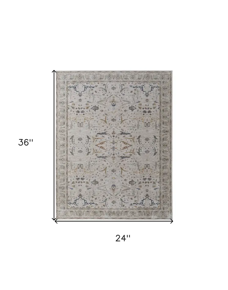 2' X 3' Gray Blue and Red Ikat Power Loom Worn Faded Area Rug With Fringe