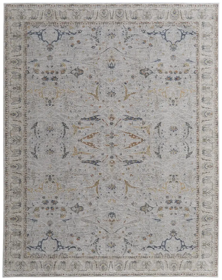 8' X 10' Gray Blue and Red Ikat Power Loom Worn Faded Area Rug With Fringe