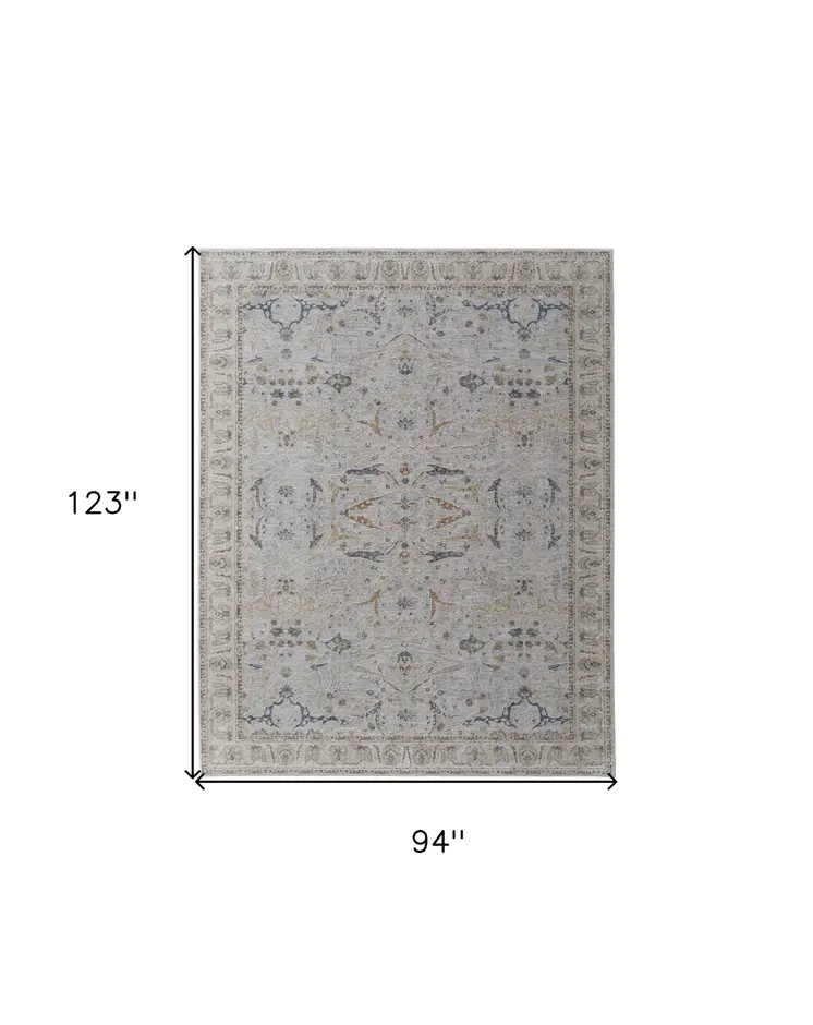 8' X 10' Gray Blue and Red Ikat Power Loom Worn Faded Area Rug With Fringe