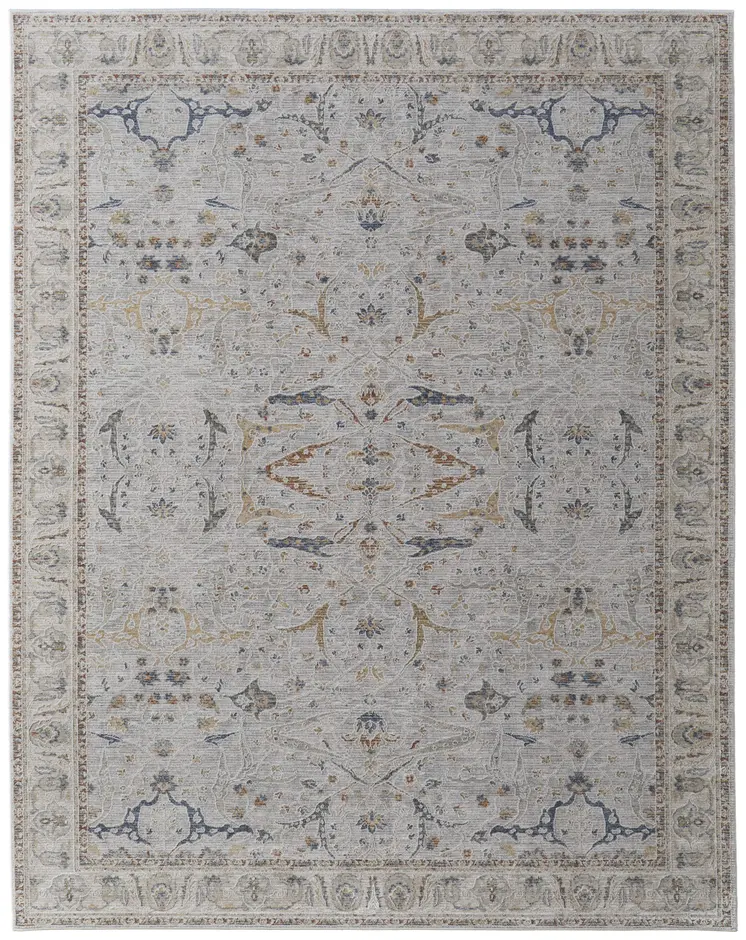 8' X 10' Gray Blue and Red Ikat Power Loom Worn Faded Area Rug With Fringe