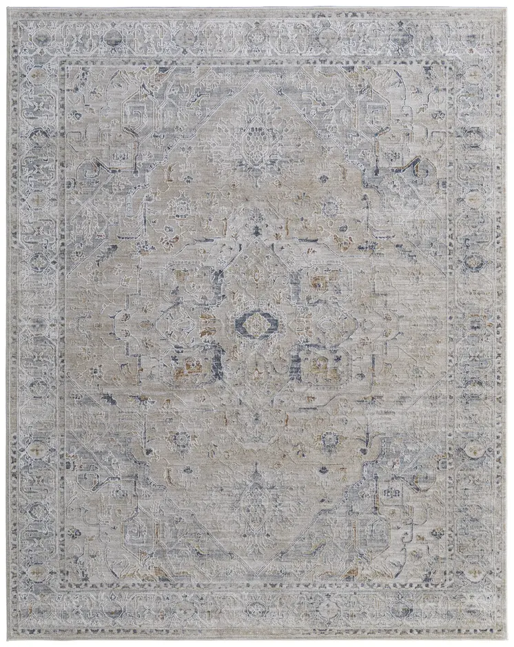 7' X 10' Ivory Taupe and Blue Oriental Power Loom Worn Faded Area Rug With Fringe