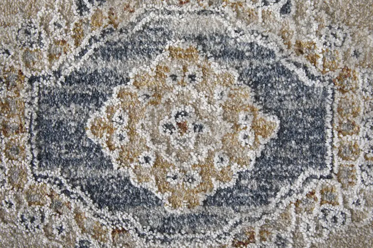 9' X 13' Ivory Taupe and Blue Oriental Power Loom Worn Faded Area Rug With Fringe