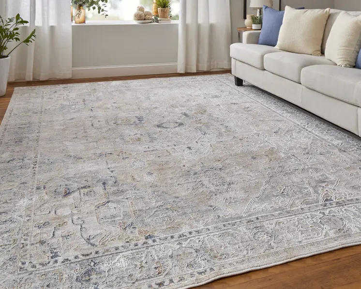 2' X 3' Ivory Taupe and Blue Oriental Power Loom Worn Faded Area Rug With Fringe