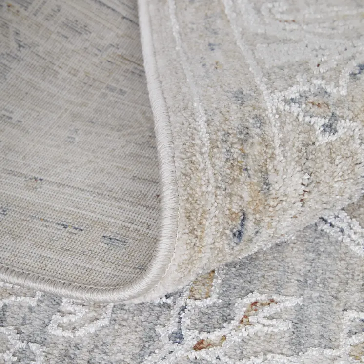 2' X 3' Ivory Taupe and Blue Oriental Power Loom Worn Faded Area Rug With Fringe