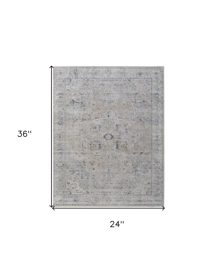 2' X 3' Ivory Taupe and Blue Oriental Power Loom Worn Faded Area Rug With Fringe