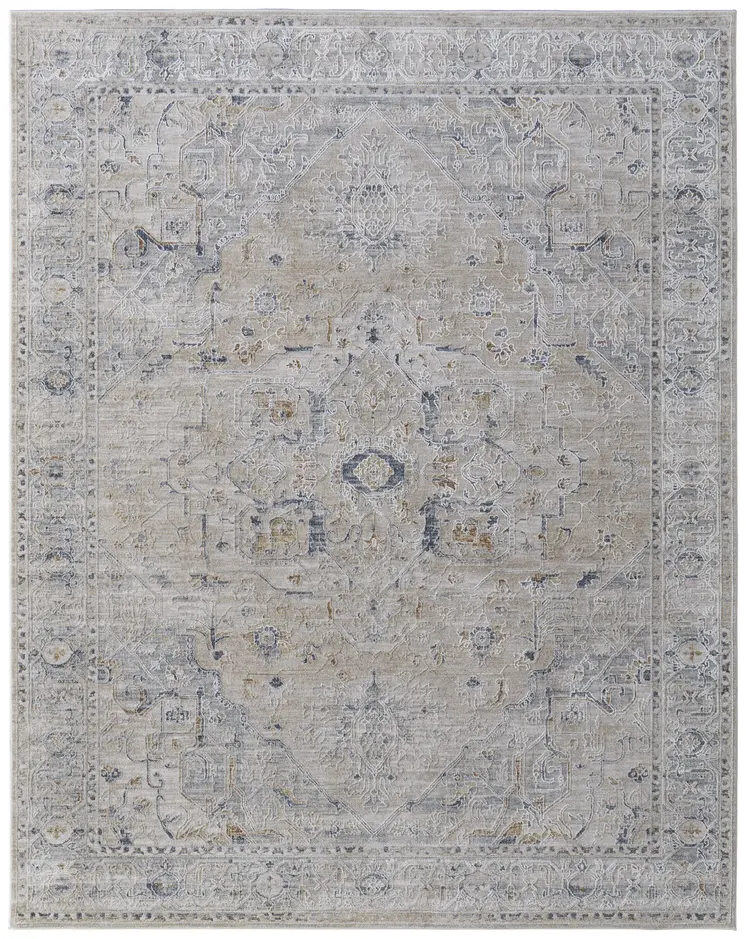 2' X 3' Ivory Taupe and Blue Oriental Power Loom Worn Faded Area Rug With Fringe