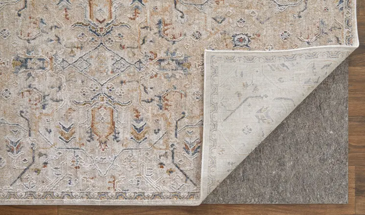 5' X 8' Ivory Taupe and Blue Abstract Power Loom Worn Faded Area Rug With Fringe