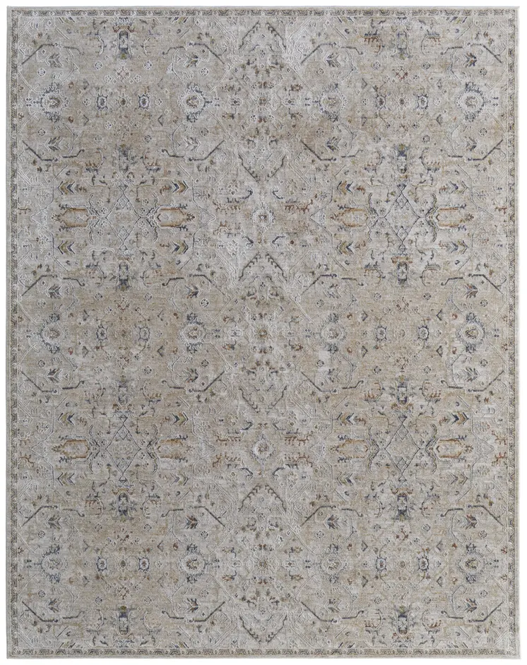 9' X 13' Ivory Taupe and Blue Abstract Power Loom Worn Faded Area Rug With Fringe