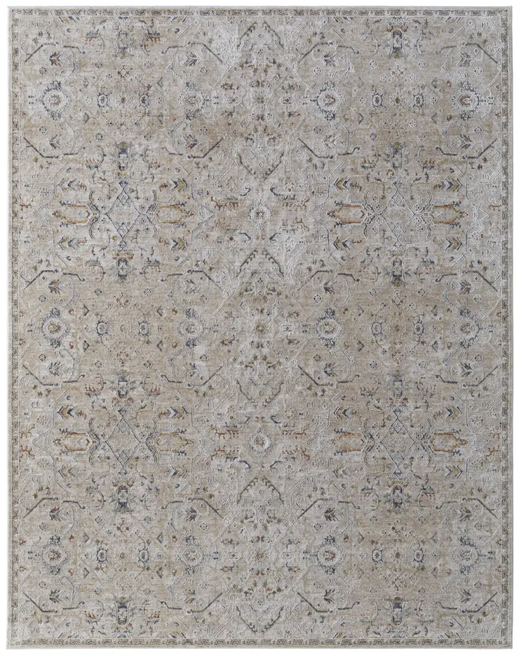 9' X 13' Ivory Taupe and Blue Abstract Power Loom Worn Faded Area Rug With Fringe