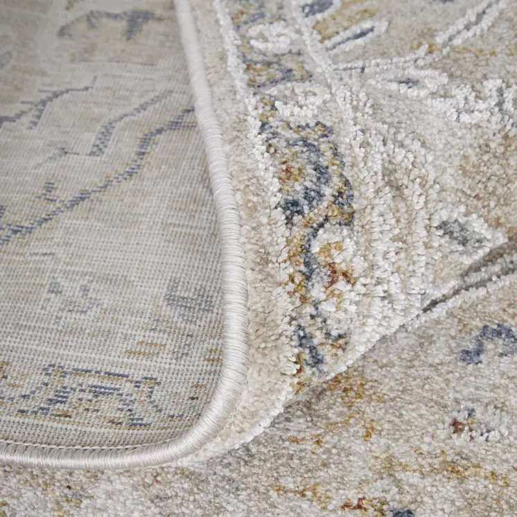 2' X 3' Ivory Taupe and Blue Abstract Power Loom Worn Faded Area Rug With Fringe