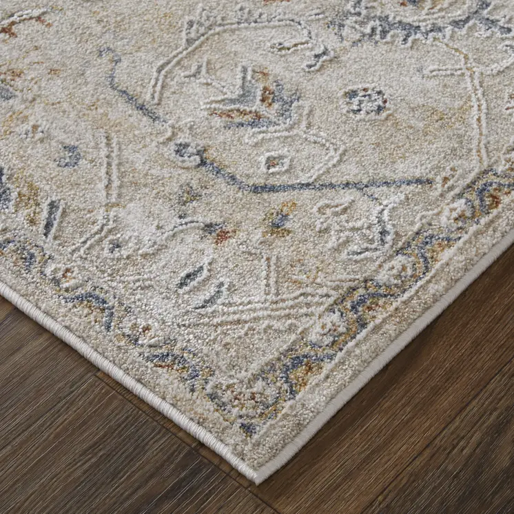 2' X 3' Ivory Taupe and Blue Abstract Power Loom Worn Faded Area Rug With Fringe