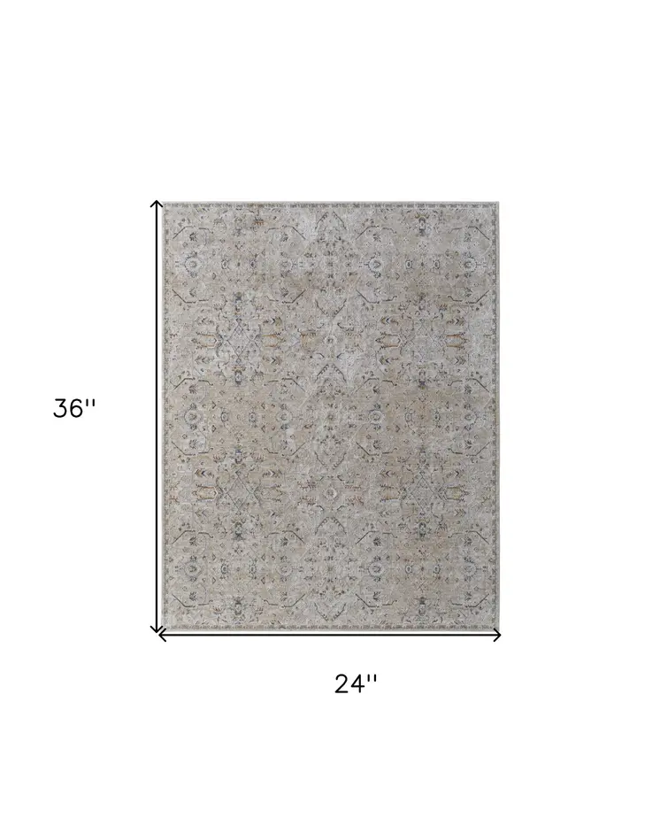 2' X 3' Ivory Taupe and Blue Abstract Power Loom Worn Faded Area Rug With Fringe