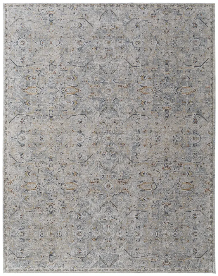 5' X 8' Ivory Tan and Blue Abstract Power Loom Worn Faded Area Rug With Fringe