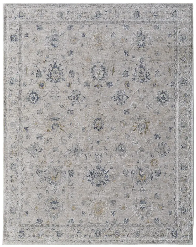 7' X 10' Ivory Taupe and Blue Floral Power Loom Worn Faded Area Rug With Fringe