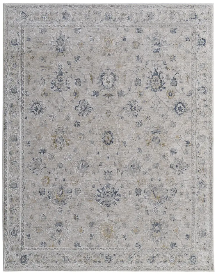 7' X 10' Ivory Taupe and Blue Floral Power Loom Worn Faded Area Rug With Fringe