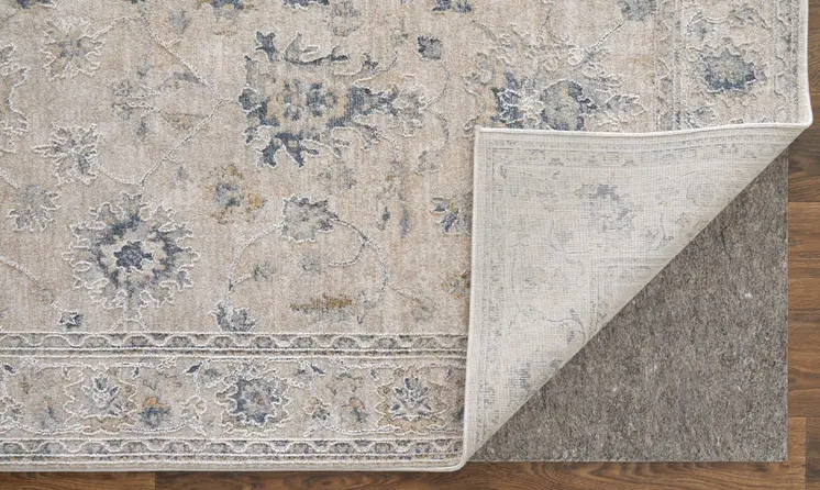 7' X 10' Ivory Taupe and Blue Floral Power Loom Worn Faded Area Rug With Fringe