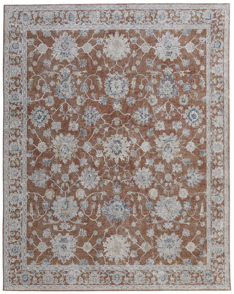 5' X 8' Red Blue and Ivory Floral Power Loom Worn Faded Area Rug With Fringe