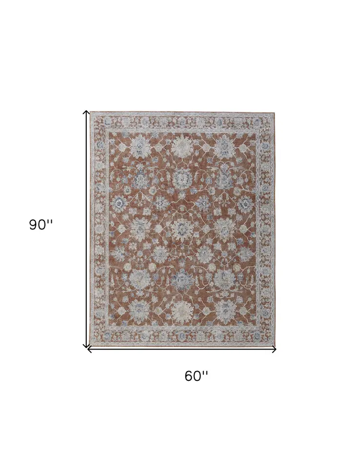 5' X 8' Red Blue and Ivory Floral Power Loom Worn Faded Area Rug With Fringe