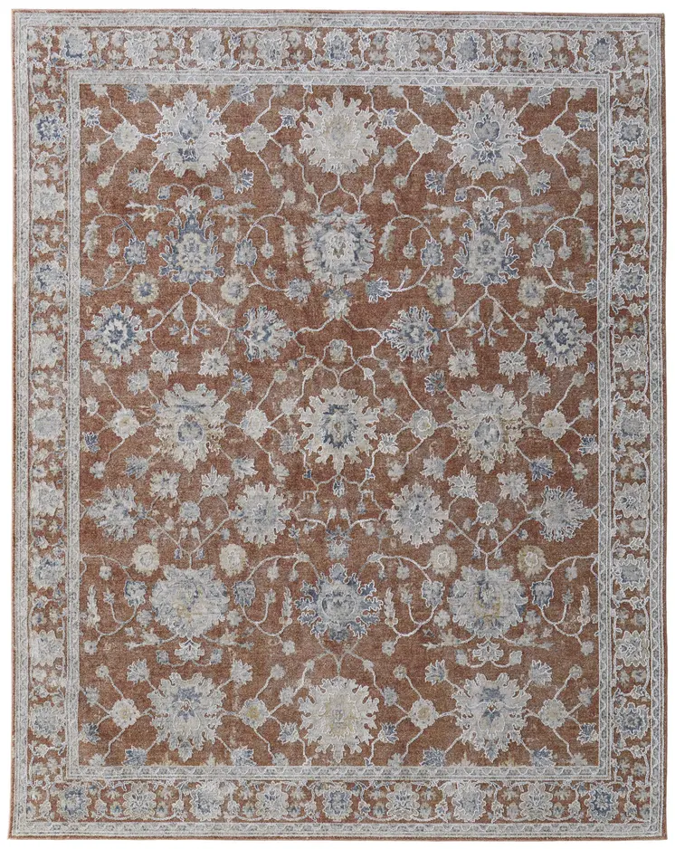 7' X 10' Red Blue and Ivory Floral Power Loom Worn Faded Area Rug With Fringe