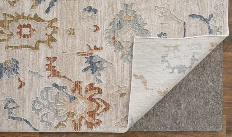 8' X 10' Ivory Blue and Gold Floral Power Loom Worn Faded Area Rug With Fringe