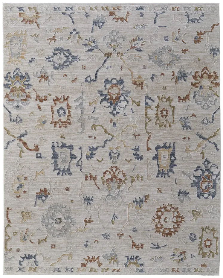 8' X 10' Ivory Blue and Gold Floral Power Loom Worn Faded Area Rug With Fringe