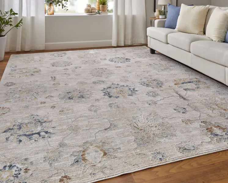 5' X 8' Ivory Taupe and Blue Floral Power Loom Worn Faded Area Rug With Fringe