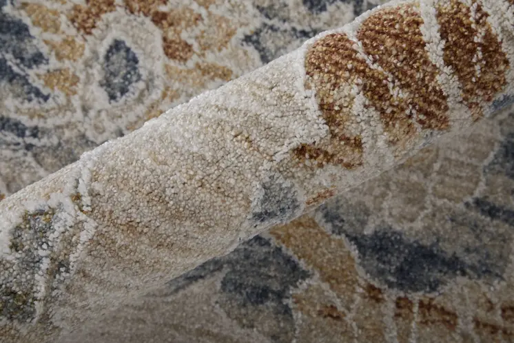 8' X 10' Ivory Taupe and Blue Floral Power Loom Worn Faded Area Rug With Fringe
