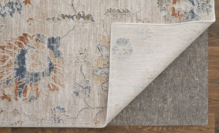8' X 10' Ivory Taupe and Blue Floral Power Loom Worn Faded Area Rug With Fringe